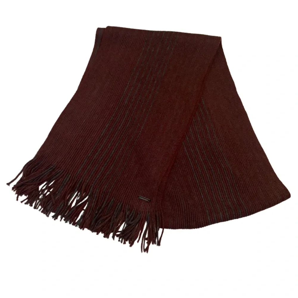 2/$30 Michael Kors Knit Fringed Stripes Scarf Gray Wine Classic Preppy Grandpa